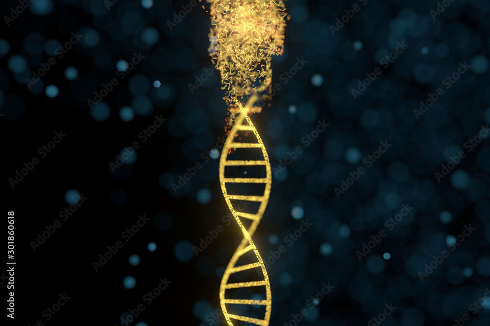Poster dna particles and diffused glowing lines, 3d rendering.