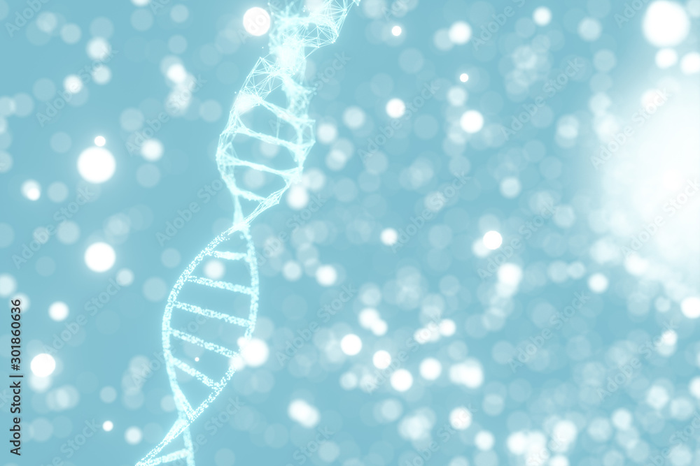 Poster dna particles and diffused glowing lines, 3d rendering.