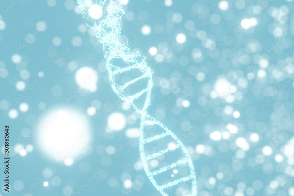 Poster dna particles and diffused glowing lines, 3d rendering.