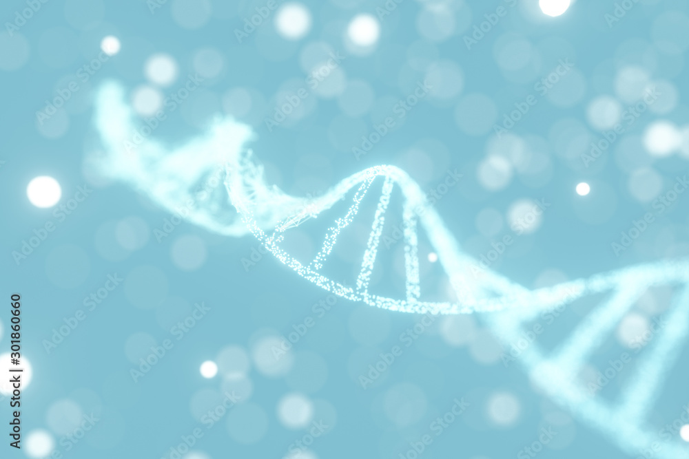Poster dna particles and diffused glowing lines, 3d rendering.