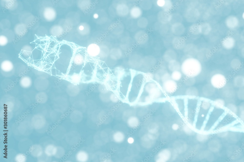 Poster dna particles and diffused glowing lines, 3d rendering.