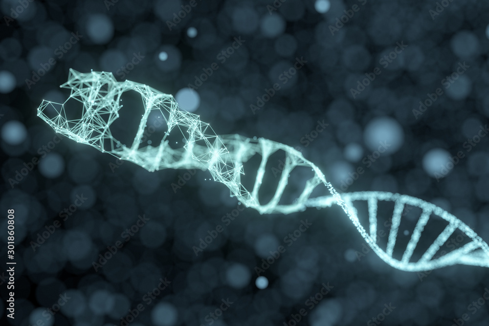 Poster dna particles and diffused glowing lines, 3d rendering.