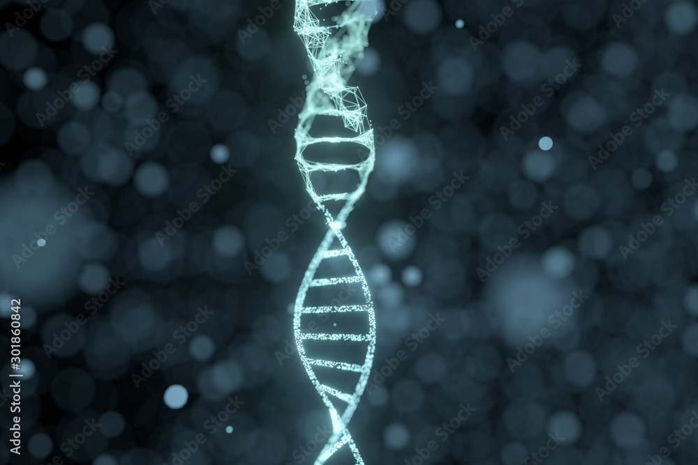 Poster dna particles and diffused glowing lines, 3d rendering.