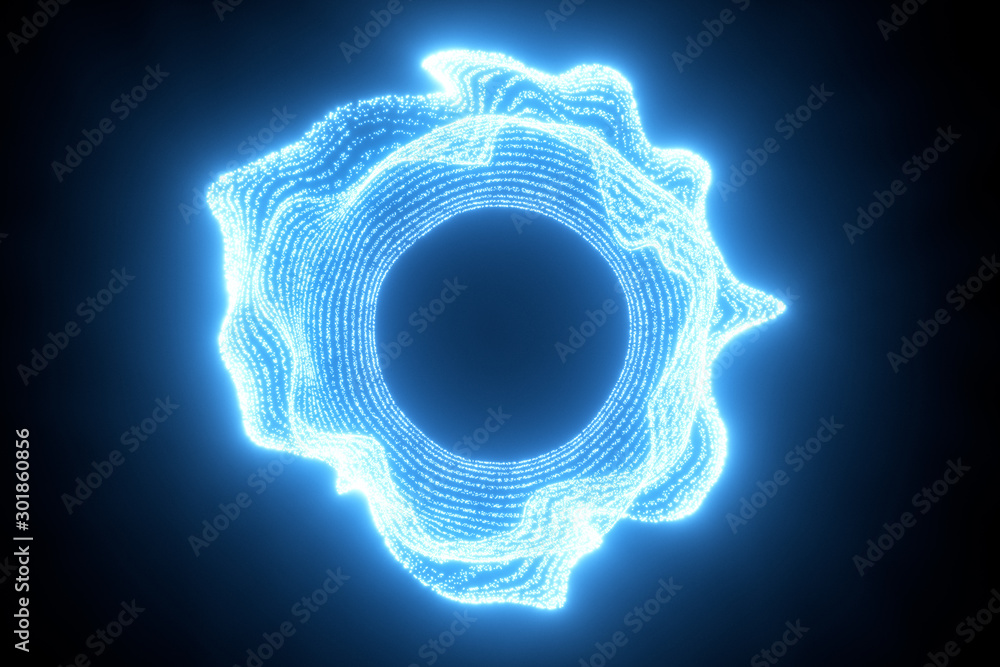 Poster glowing and flowing particles with dark background, 3d rendering.
