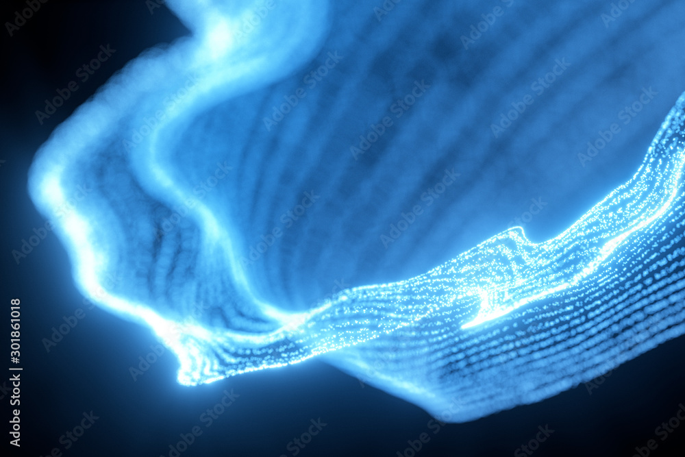 Poster glowing and flowing particles with dark background, 3d rendering.