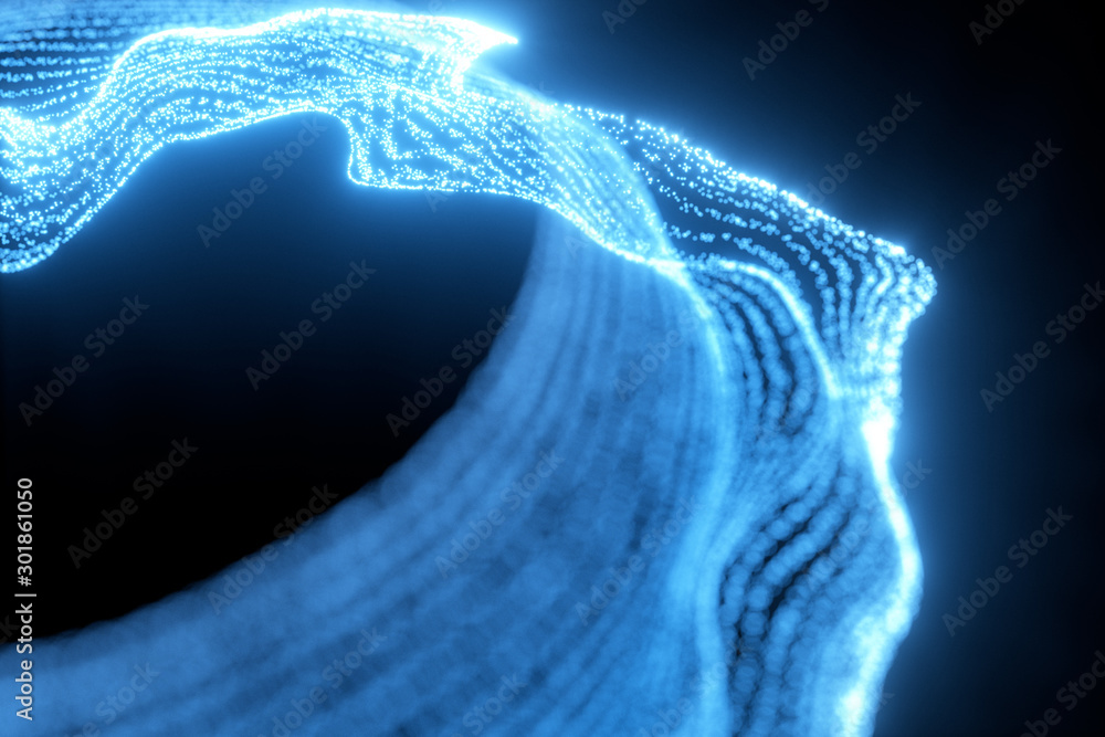 Poster glowing and flowing particles with dark background, 3d rendering.