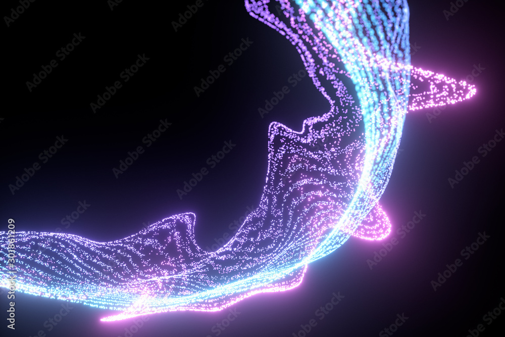 Poster glowing and flowing particles with dark background, 3d rendering.