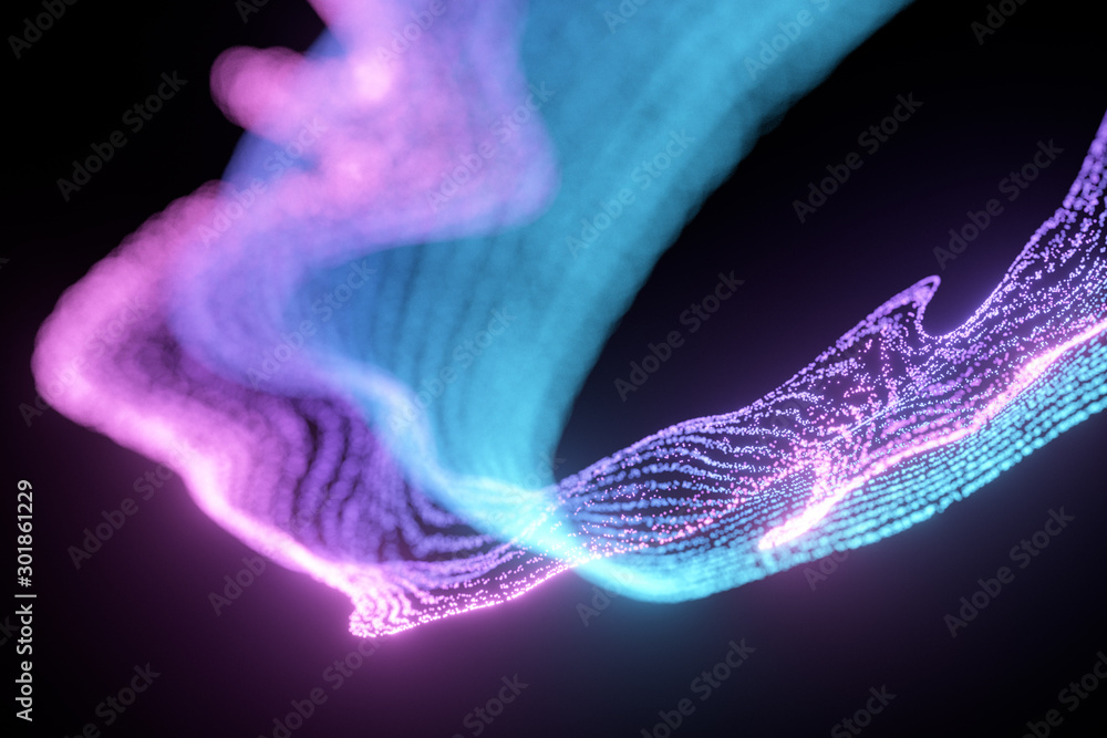 Poster glowing and flowing particles with dark background, 3d rendering.