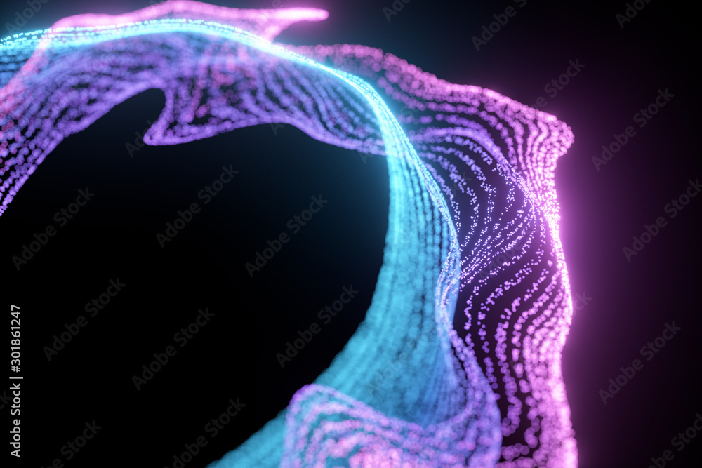 Poster glowing and flowing particles with dark background, 3d rendering.