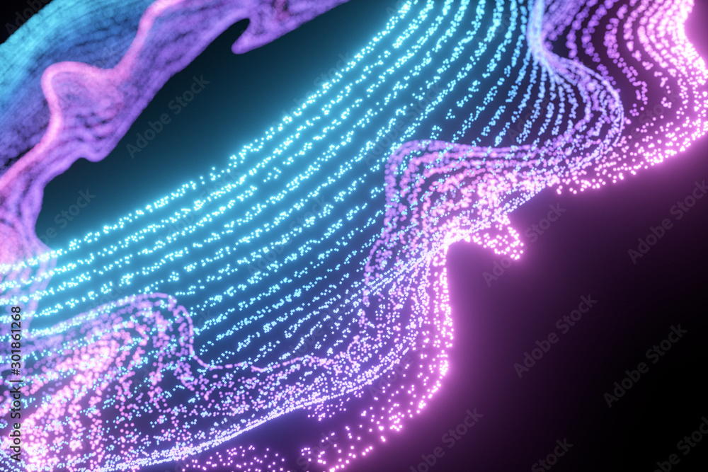 Poster glowing and flowing particles with dark background, 3d rendering.