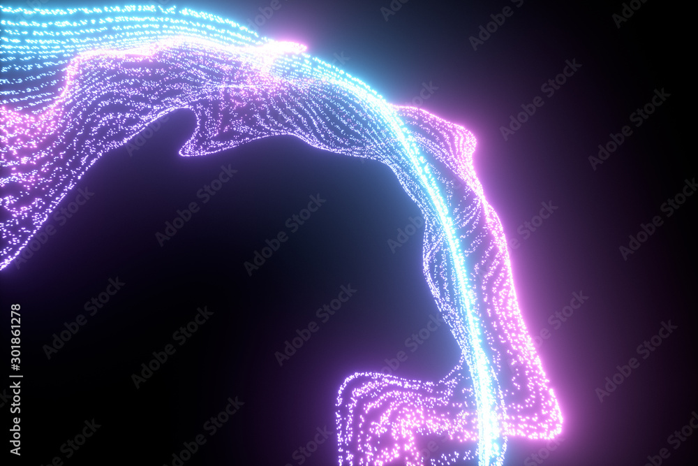 Poster glowing and flowing particles with dark background, 3d rendering.