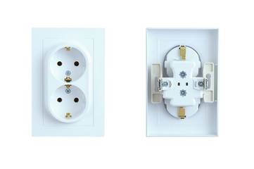 Electric white double socket close-up. White isolate.