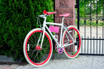 Fototapeta na wymiar white and red bike. Stylish female red bike. standing on a sunny day outside. good pagoda for cycling.