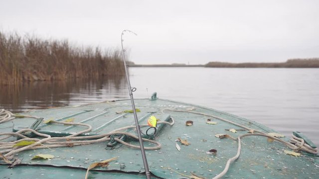Fishing. Autumn river, nature, view from the boat. 
