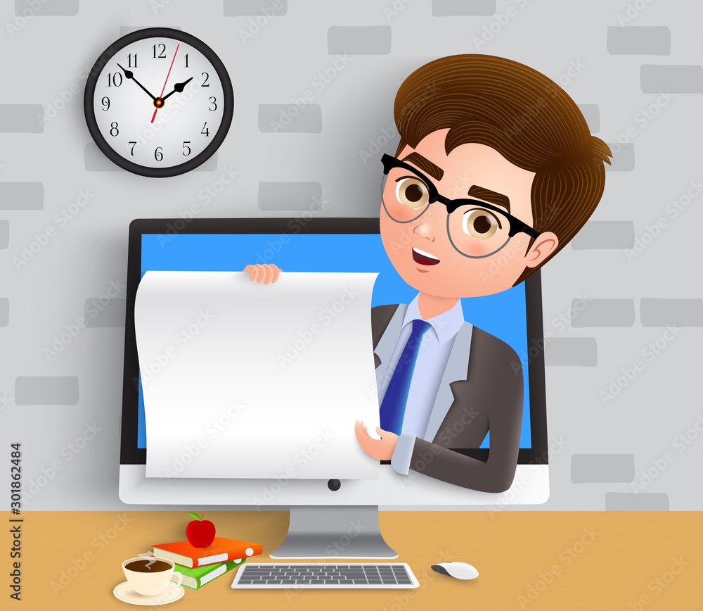 Poster business online presentor character vector concept. business man sales employee presenting and talki