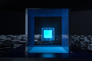 Blue and golden cube with glass material, 3d rendering.
