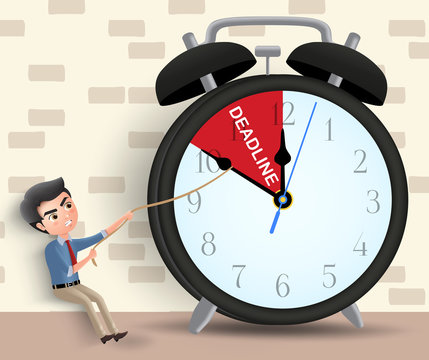 Business deadline vector character concept. Man business character pulling alarm clock arrow before deadline using rope in brown wall background. Vector illustration.