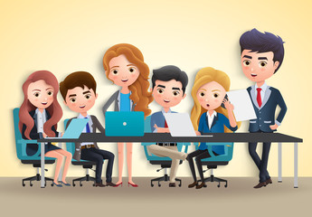 Business conference vector characters concept. Business characters office employee team meeting in conference for marketing sales in yellow empty room background. Vector illustration.