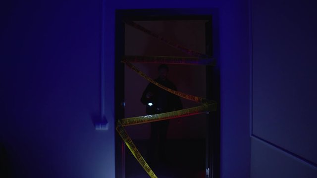 Policeman investigating into crime, examining murder scene with flashlight