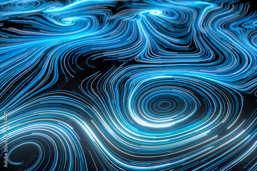 Poster vortical line pattern, glowing particles trails, 3d rendering.