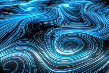 Vortical line pattern, glowing particles trails, 3d rendering.