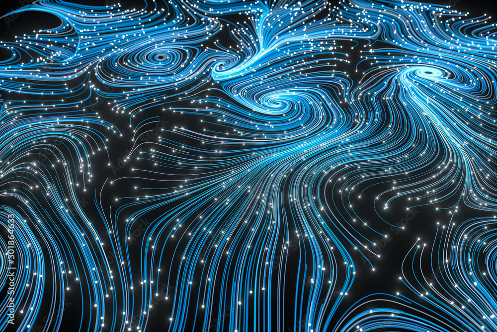 Poster vortical line pattern, glowing particles trails, 3d rendering.