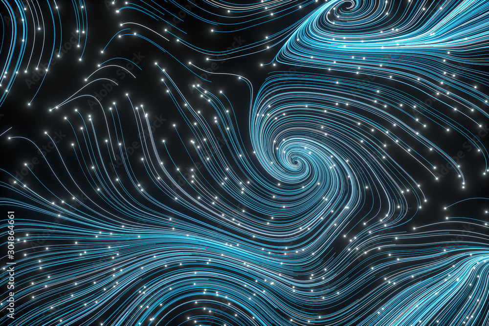 Poster vortical line pattern, glowing particles trails, 3d rendering.