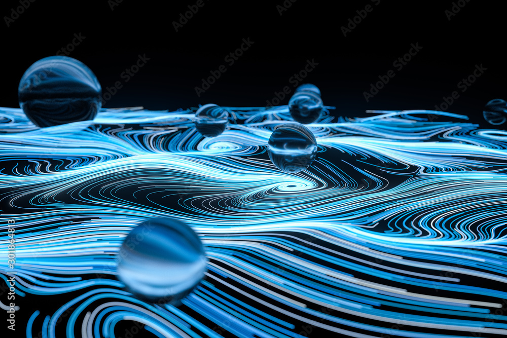 Poster vortical line pattern, glowing particles trails, 3d rendering.
