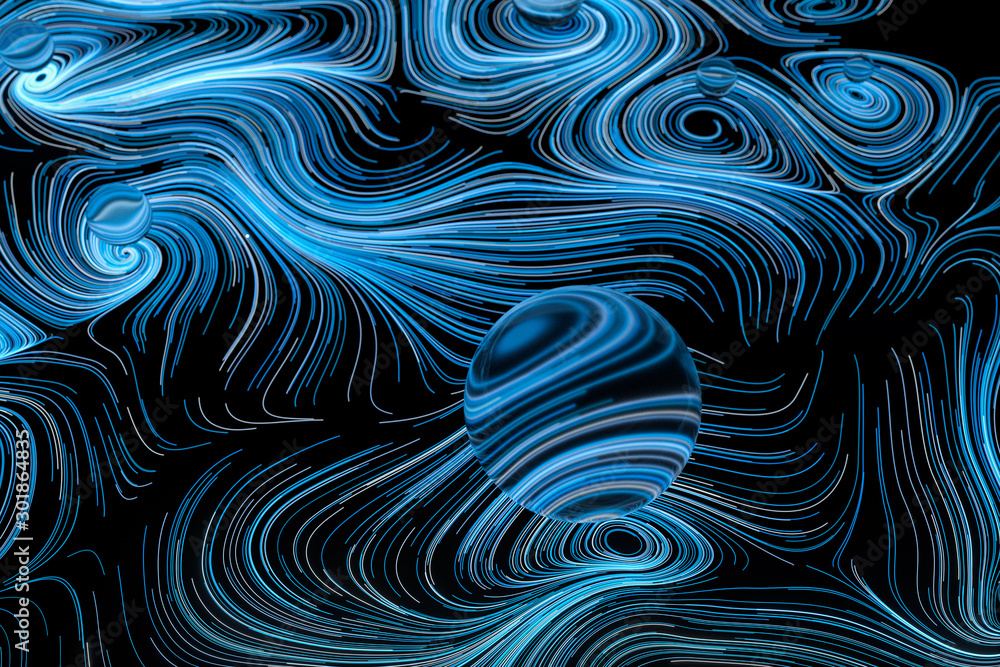 Poster vortical line pattern, glowing particles trails, 3d rendering.