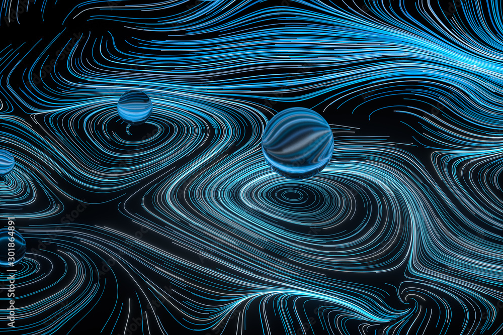 Poster vortical line pattern, glowing particles trails, 3d rendering.