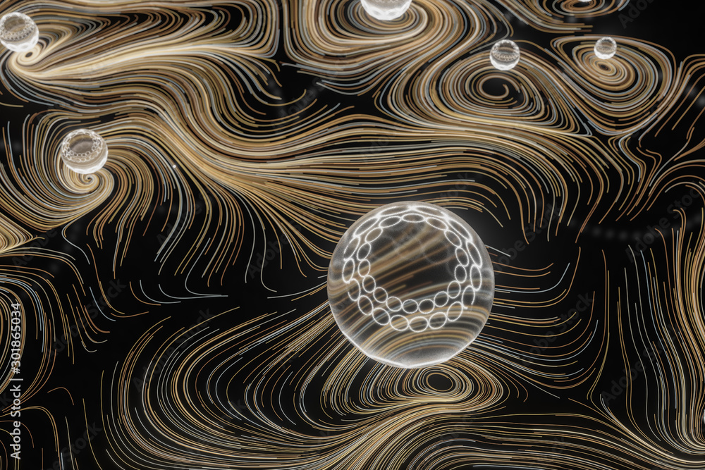Poster vortical line pattern, glowing particles trails, 3d rendering.