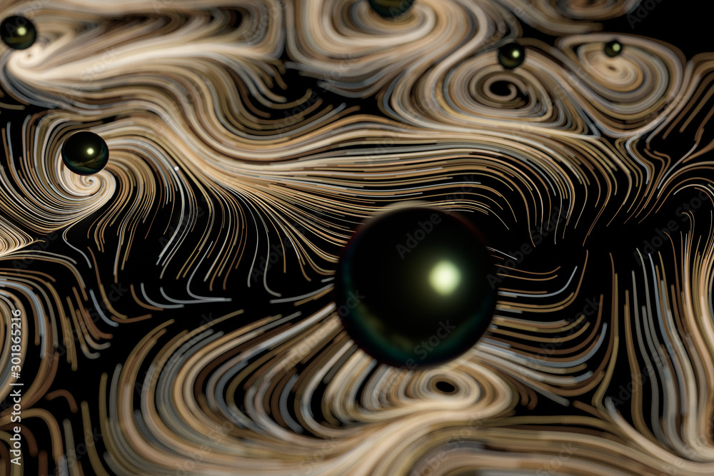 Poster vortical line pattern, glowing particles trails, 3d rendering.