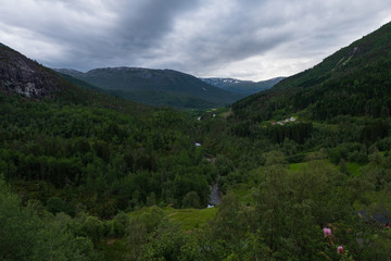 View on Naeroydalen valley from road Stalheimskleiva Stalheim, Voss, Hordaland, Norway . July 2019
