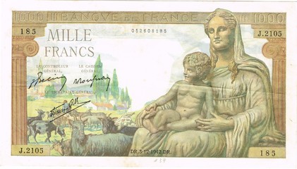 Fototapeta na wymiar France. Billet de la banque de France. 1000 Francs