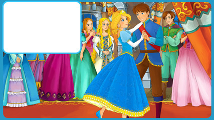 cartoon scene with king and princess being happy with frame for text - illustration for children