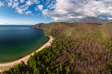 Aerial view of the sandy beach on the shore of Lake Baikal