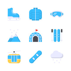 Winter Flat Vector Icon Set 2, Ice Skating, Jacket, Ski Goggles, Mountain, Igloo, Ski, Cable Car, Snowboard and Snow Fall