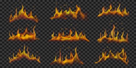 Set of translucent horizontal fire flames on transparent background. For used on dark backgrounds. Transparency only in vector format