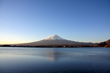 Morning view of Mt. Fuji with clear blue sky from lake Kawaguchiko