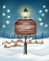 Christmas evening winter landscape with lampposts and a winter village. Vector