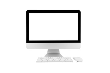 Fototapeta premium Komputer stacjonarny nowoczesny styl z prostotą pusty ekran na białym tle, monitor szeroki ekran do pracy biznesowej, sprzęt komputerowy, obiekt i technologia elektroniczna koncepcja.