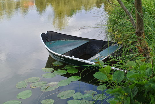small rowing boat floating on the bank of a beautiful river