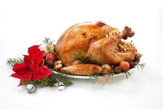 Christmas Roasted Turkey with Grab Apples over white