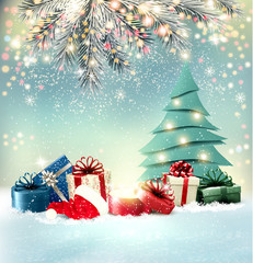 Fototapeta na wymiar Christmas holiday background with colorful presents and magic box. Vector.