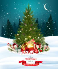 Christmas holiday background with colorful gift boxes and wooden sign. Vector.