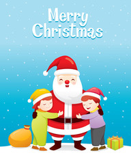 Fototapeta na wymiar Christmas Celebration, Children Hugging Santa Claus