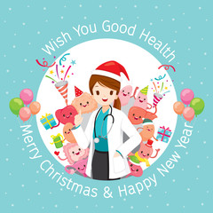 Female Doctor With Human Internal Organs, Christmas Celebration Party, Cartoon Characters Set