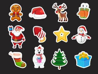 Set of Christmas icons stickers. Celebration event for Merry Christmas and New Year. Vector clipart illustration on color background