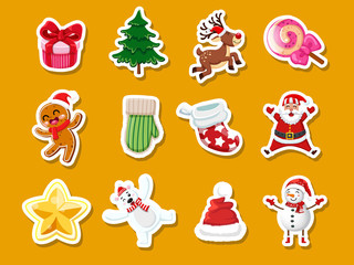 Set of Christmas icons stickers. Celebration event for Merry Christmas and New Year. Vector clipart illustration on color background