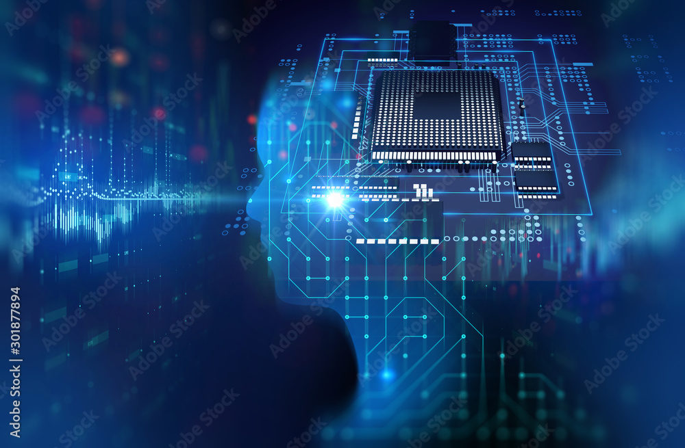 Poster silhouette of virtual human on circuit pattern technology 3d illustration